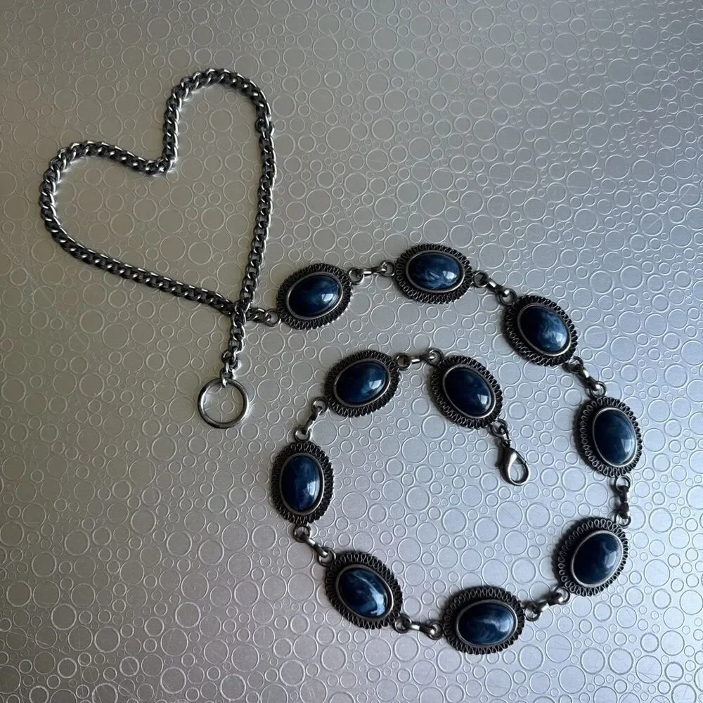 Vintage Silver Western Concho Chain Belt O/S Blue Faux Stone Cabochon Adjustable